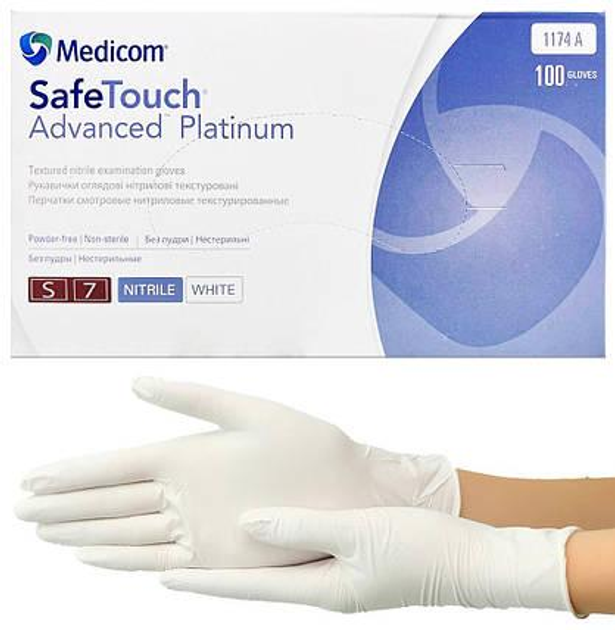 Рукавички нітрилові Medicom SafeTouch Platinum White, щільність 3.8 г. - білі (100 шт) S (6-7) - зображення 1
