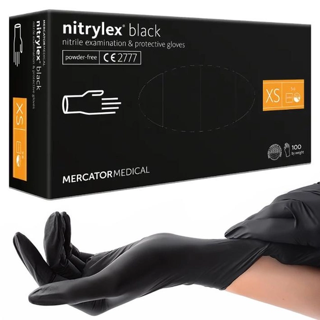 Нітрилові рукавички Nitrylex®, щільність 3.7 г. - PF Black - Чорні (100 шт) XS (5-6) - зображення 1