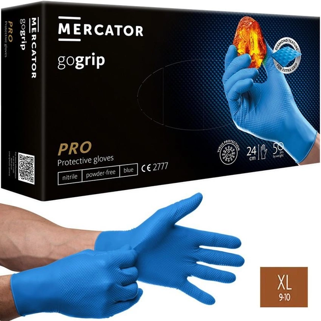 Рукавички нітрилові Супер міцні GoGrip Mercator Medical, щільність 7.2 г. - блакитні (50 шт/25пар) XL (9-10) - зображення 1