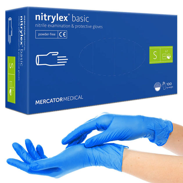 Рукавички нітрилові Nitrylex®, щільність 3.2 г. - PF PROTECT / basic - Сині (100 шт) S (6-7) - зображення 1