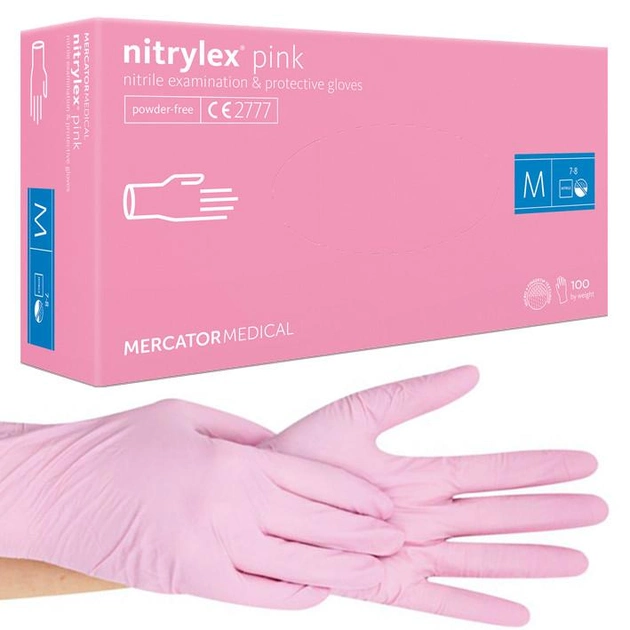 Рукавички нітрилові Nitrylex® Pink, щільність 4 г. - рожеві (100 шт) M (7-8), Рожевий - зображення 1