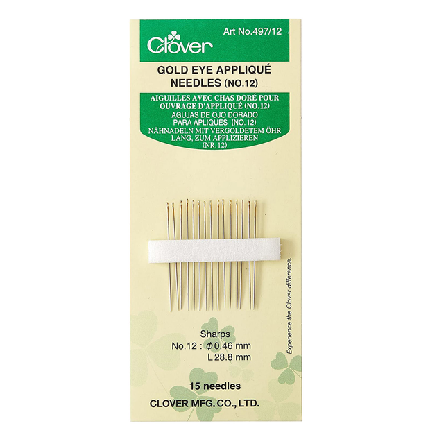 Иглы для аппликаций Clover №12, (15 шт.) позолоченное ушко 497/12 ...
