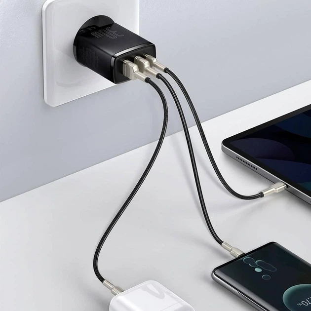 Сетевое зарядное устройство на 30 Вт BASEUS Compact Quick Charger (2USB/1Type-C, QC/PD, 30W, 3A). Black - изображение 8