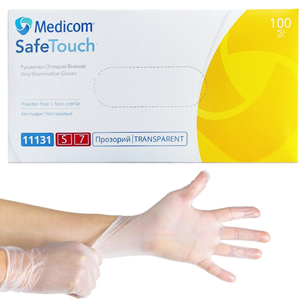 Перчатки виниловые Medicom, плотность 4.3 г. - Прозрачные (100 шт) S (6-7) - изображение 1