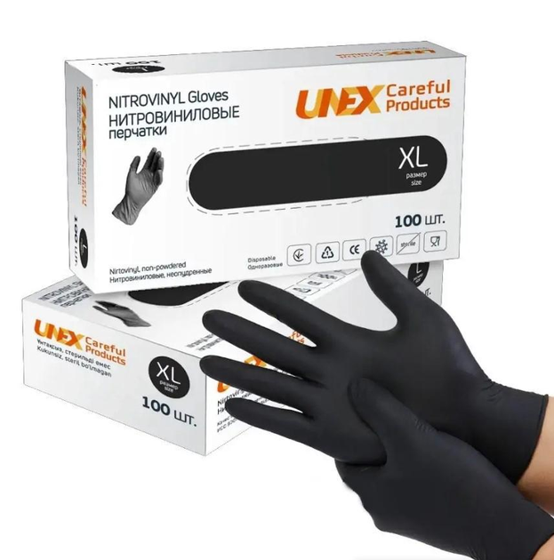 Рукавички XL (9-10) чорні вінілові неопудрені Unex - зображення 1