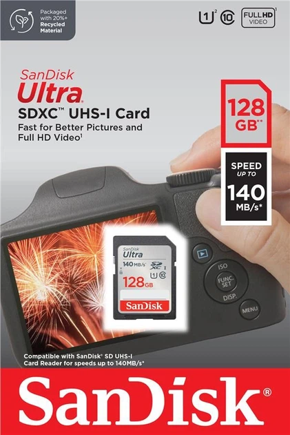 Карта пам'яті SanDisk SD 128GB C10 UHS-I R140MB/s Ultra – фото