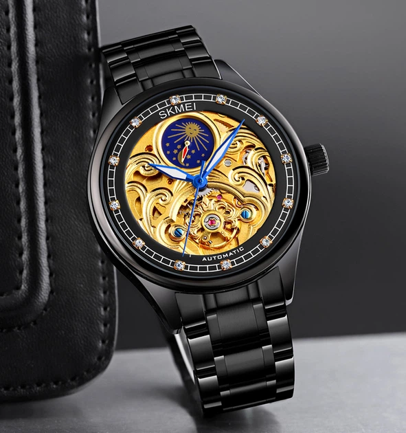 Мужские часы с подсветкой Skmei Механические M-025 Желтое золото с