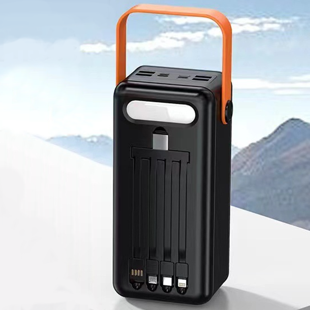 Power Bank с солнечной батареей Kamry 60000 mAh реальная ёмкость с экраном, фонариком, 4хUSB, кабеля 4в1 MicroUSB/Lightning/Type-C/USB Черный - изображение 4
