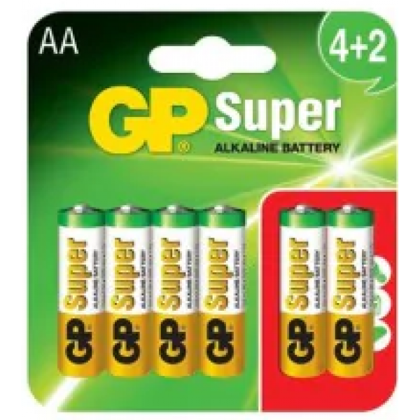 Батарейка GP AA (LR6) Super Alkaline 15A-U2, 4+2 шт - Фото 1 Батарейка GP AA (LR6) Super Alkaline 15A-U2, 4+2 шт - изображение 1