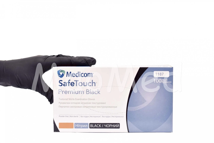 Нітрилові рукавички Medicom SafeTouch® Premium без пудри текстуровані розмір M 100 шт. Чорні (5.0 г) - зображення 1