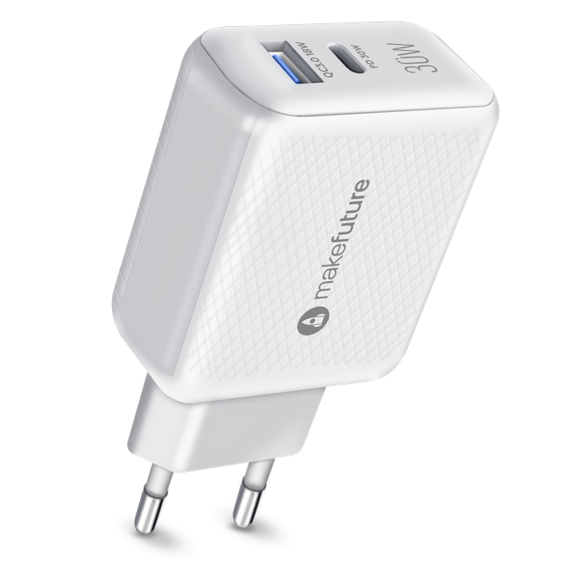 Зарядное устройство сетевое MakeFuture 30W Type-C PD + USB QC3.0 White - Фото 1 Зарядное устройство сетевое MakeFuture 30W Type-C PD + USB QC3.0 White - изображение 1