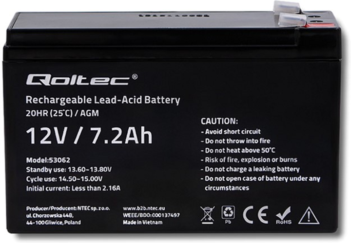 Аккумуляторная батарея Qoltec AGM 12V-7.2Ah max. 108A (53062) – фото ...