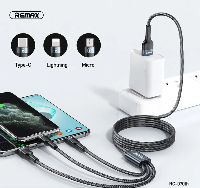 Кабель REMAX Combo Lightning / Micro USB / Type-C Sury 2 Series 3-in-1 Cable RC-070th |1.2m, 2A| black - зображення 2