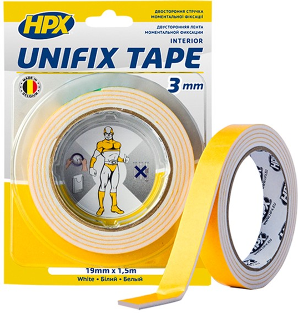 Монтажная лента HPX Unifix толстая 3 мм для моментальной фиксации 19 мм х 1.5 м Белая (UF1915) - изображение 1