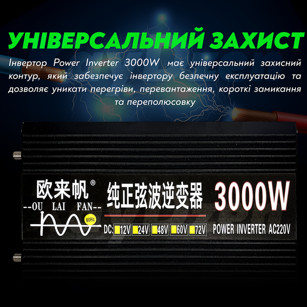 Перетворювач напруги Power Inverter 3000 ват інвертор 3000W з правильною синусоїдою (чистий синус для котла) - Фото 6 Перетворювач напруги Power Inverter 3000 ват інвертор 3000W з правильною синусоїдою (чистий синус для котла) - зображення 6