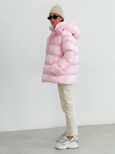 Женская куртка зимняя коротка с капюшоном и поясом Розовая L