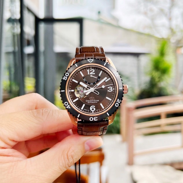 Чоловічий годинник-скелетон Orient RE-AT0103Y00B Золото\Коричневий - зображення 6