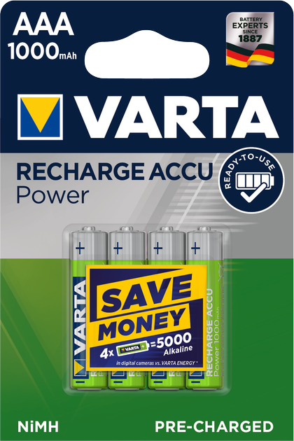 Акумулятор універсальний Varta Rechargeable Accu AAA 1000 мАг BLI 4 Ni-MH (05703301404) (4008496594375) - зображення 1