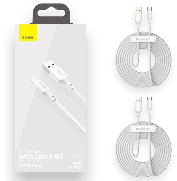 Kabel do transmisji danych Baseus Simple Wisdom USB do Type-C 5 A (2 szt./zestaw) 1,5 m biały (TZCATZJ-02) - obraz 4