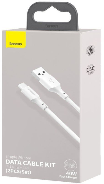 Kabel do transmisji danych Baseus Simple Wisdom USB do Type-C 5 A (2 szt./zestaw) 1,5 m biały (TZCATZJ-02) - obraz 5
