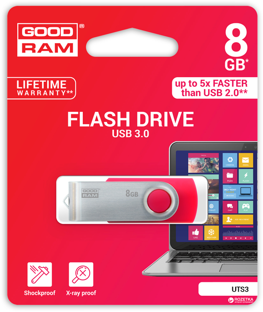 Pendrive Goodram UTS3 8GB USB 3.0 Red (UTS3-0080R0R11) - obraz 2