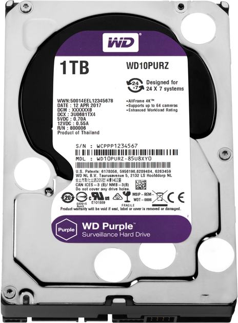 Жорсткий диск Western Digital Purple 1TB 64MB 5400rpm WD10PURZ 3.5 SATA III - зображення 1