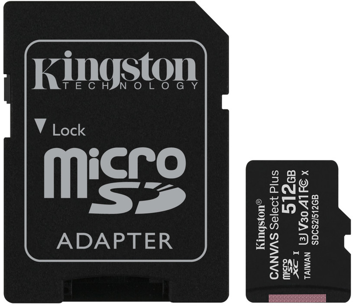 Kingston microSDXC 512GB Canvas Select Plus Class 10 UHS-I U3 V30 A1 + SD-адаптер (SDCS2/512GB) - зображення 1
