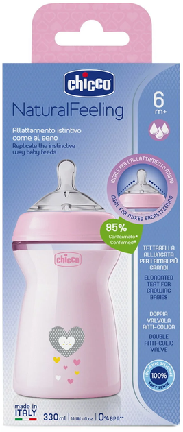 Пляшка для годування пластикова Chicco Natural Feeling Color 330 мл 6 м + Рожева (81335.10) (8058664153749) - зображення 3