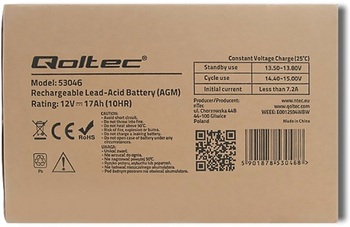 Акумуляторна батарея Qoltec AGM 12V-17Ah max. 255A (5901878530468) - зображення 6