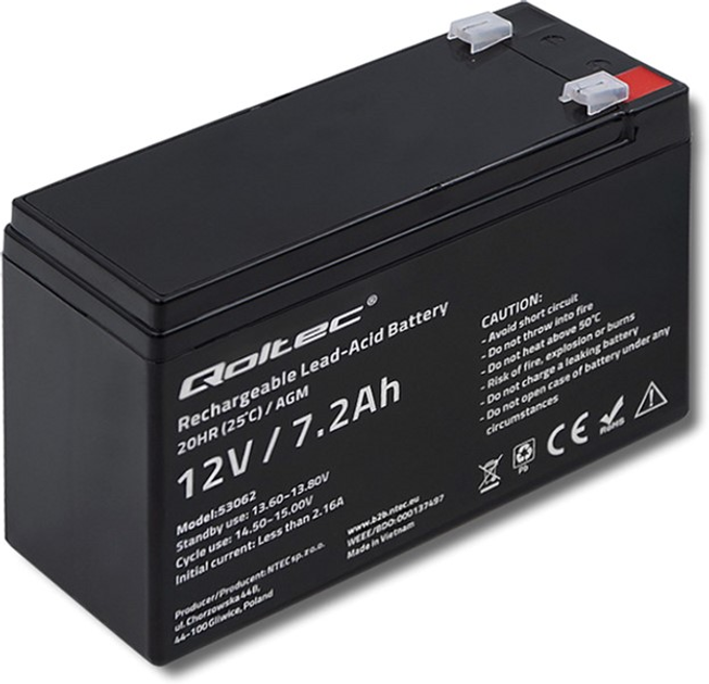 Akumulator Qoltec AGM 12V-7,2Ah max. 108A (53062) - obraz 2