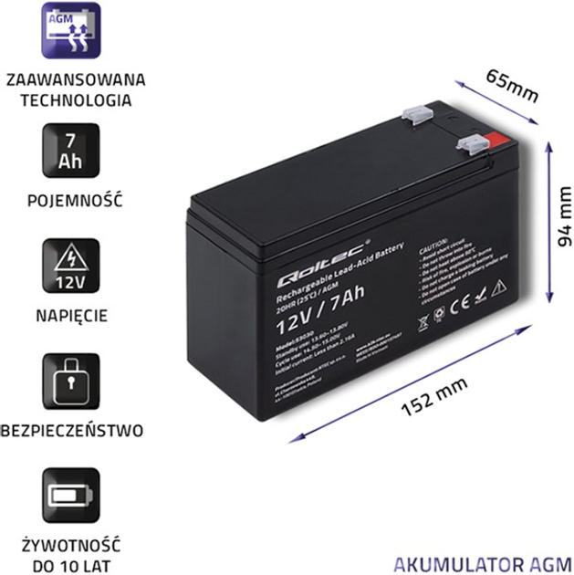 Akumulator Qoltec AGM 12V-7Ah max. 105A (53030) - obraz 3
