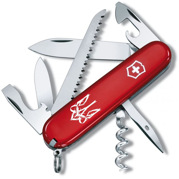 Ніж складаний 91 мм, 13 функцій Victorinox CAMPER UKRAINE Червоний/Трезубець готичний білий - зображення 1