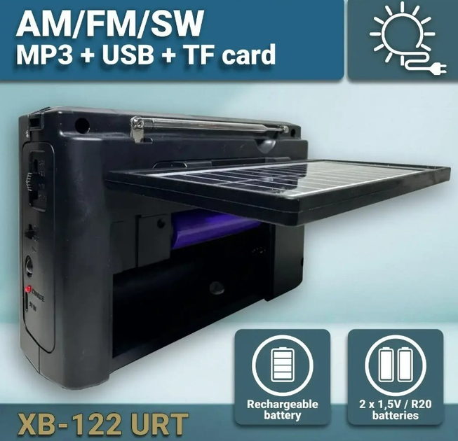 Портативний радіоприймач на акумуляторі з сонячною панеллю Rotosonic XB-122URT USB TF - зображення 2