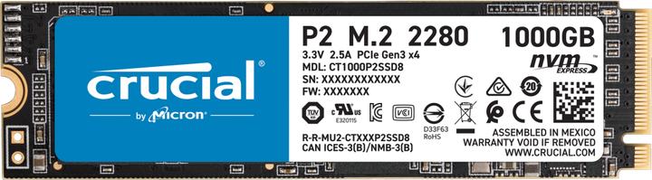 Dysk SSD Crucial P2 NVMe 1TB M.2 PCIe 3.0 x4 3D NAND QLC (CT1000P2SSD8) - obraz 1