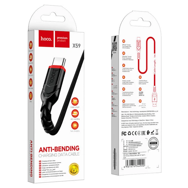 Кабель HOCO X59 USB to Type-C 3A, 1m, nylon, TPE connectors, Black - изображение 5