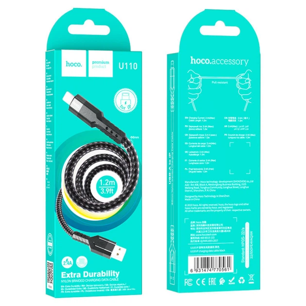 Кабель HOCO U110 USB to Lightning 2.4A 1.2m nylon aluminum connectors Black (6931474770561) - Фото 3 Кабель HOCO U110 USB to Lightning 2.4A 1.2m nylon aluminum connectors Black (6931474770561) - зображення 3
