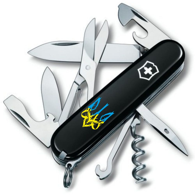 Ніж складаний швейцарський 91 мм/14 функцій Victorinox CLIMBER UKRAINE Чорний/Трезубець плетений червоний - зображення 1