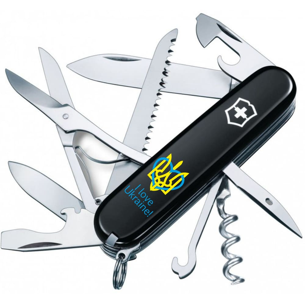 Нож складной швейцарский 91 мм/15 функций Victorinox HUNTSMAN UKRAINE Черный/Трезубец с сердцем + I love Ukraine - изображение 1