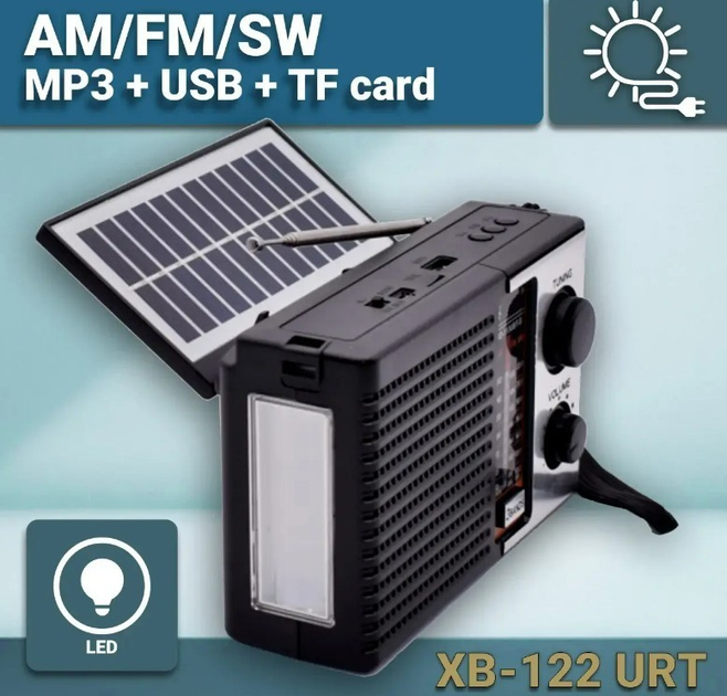 Радіоприймач портативний на акумуляторі Rotosonic XB-122URT USB TF з сонячною панеллю - зображення 2