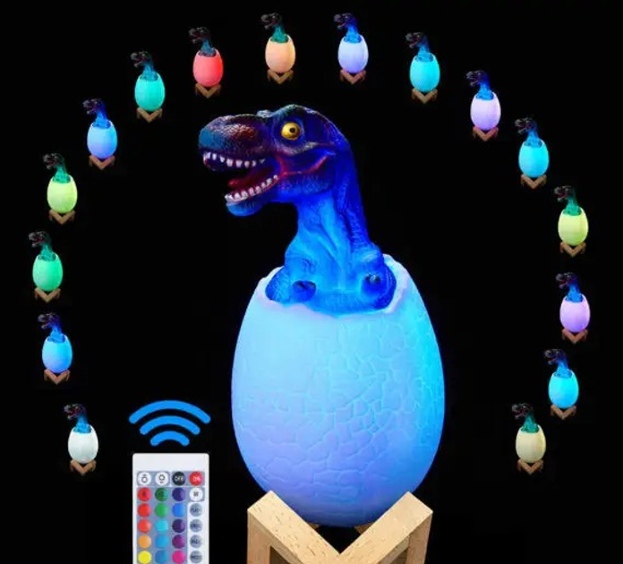 Детский ночник Динозавр SUNROZ Dino-Egg на подставке, аккумуляторный, 16 цветов свечения, светильник игрушка с пультом - изображение 6