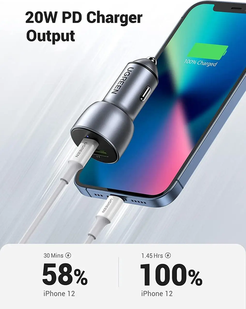 Автомобільний зарядний пристрій UGREEN USB, USB Type-C QC 3.0 3A Car Charger Dark Blue (CD213) - зображення 3