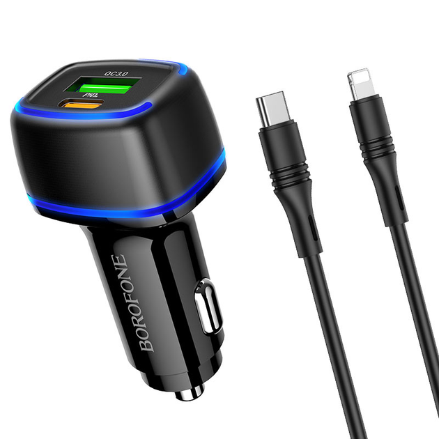 Компактний автомобільний зарядний пристрій Borofone BZ14A PD20W+QC3.0 Type-C to Lightning 2.4A Чорний - зображення 2