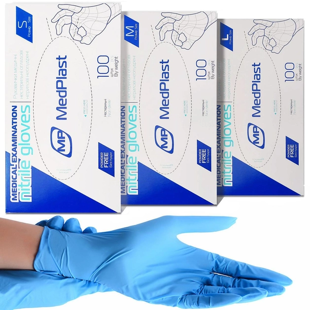 Перчатки нитриловые Medplast, плотность 4 г. - голубые (100 шт) - изображение 1