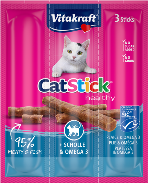 Лакомство для кошек Vitakraft мясные палочки с камбалой и Омега-3 3 шт х 6 г (4008239312181) - изображение 1