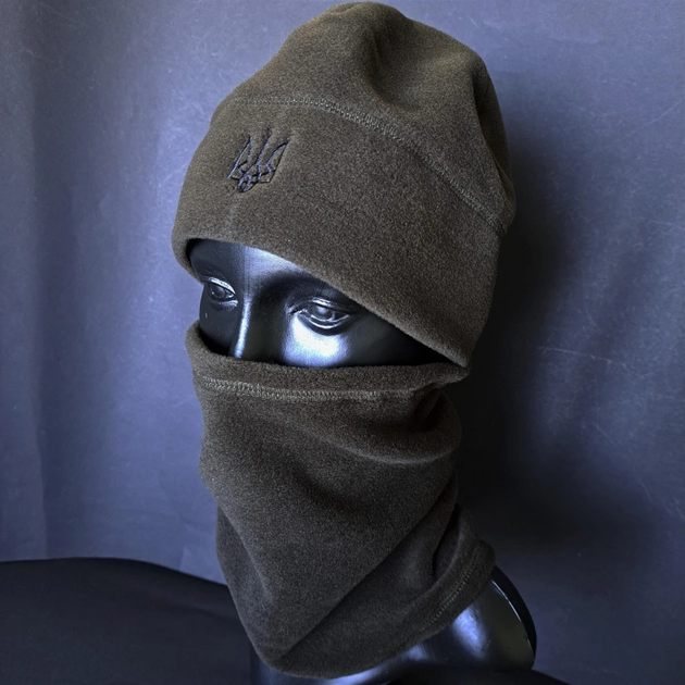 Комплект шапка и бафф флисовая тактическая мужская женская зимняя с гербом Украины TACTICAL Темная олива (шапкабаф1) - изображение 2