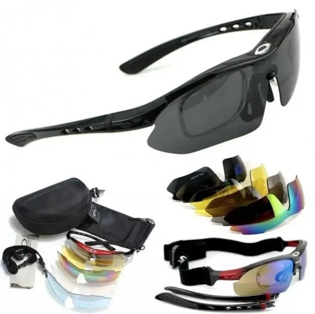 Тактические баллистические спортивные защитные очки Oakley Polarized (5 сменных линз) c поляризацией + чехол - изображение 1
