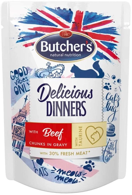 Вологий корм для котів Butcher's Delicious Dinners Шматочки яловичини в соусі 100 г (5011792006953) - зображення 1
