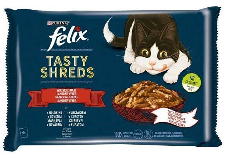 Вологий корм для котів Purina Felix Tasty Shreds з яловичиною та куркою 4 x 80 г (7613038644257) - зображення 1