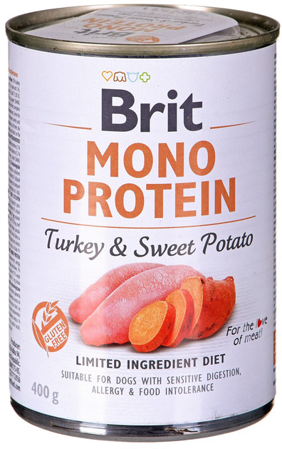 Mokra karma dla psów Brit Mono Protein z indykiem i batatami 400 g (8595602555390) - obraz 1