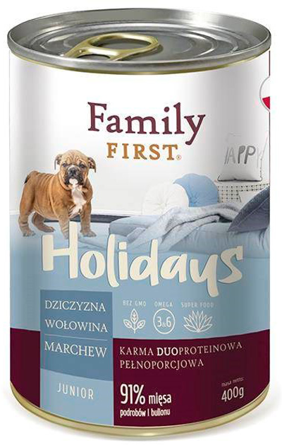 Mokra karma dla psów Family First junior Dziczyzna, wołowina, marchew 400 g (5904479190819) - obraz 1